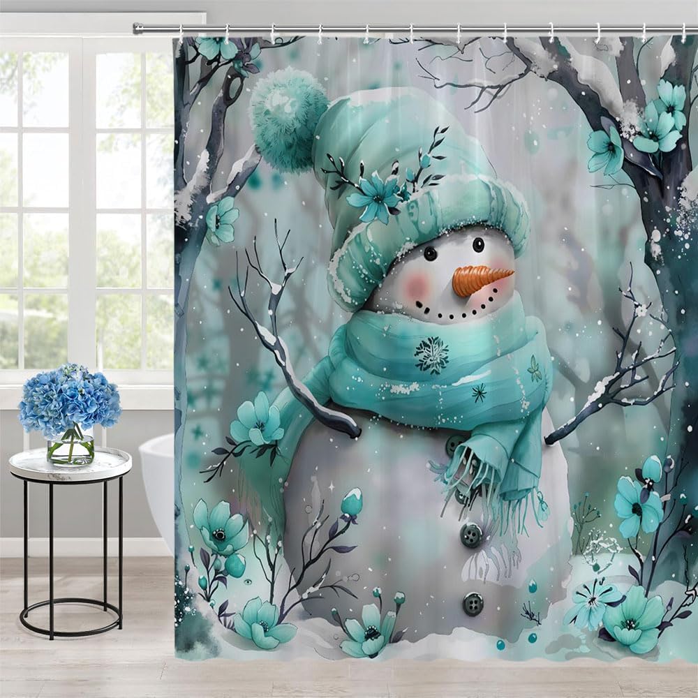Winter Christmas Snowman Shower Curtain,Rustic Winter Forest Snowflake Funny Snowman with Floral Decor Farmhouse Xmas Polyester Curtains Set with Hooks (Teal, 70" W x 75" H)