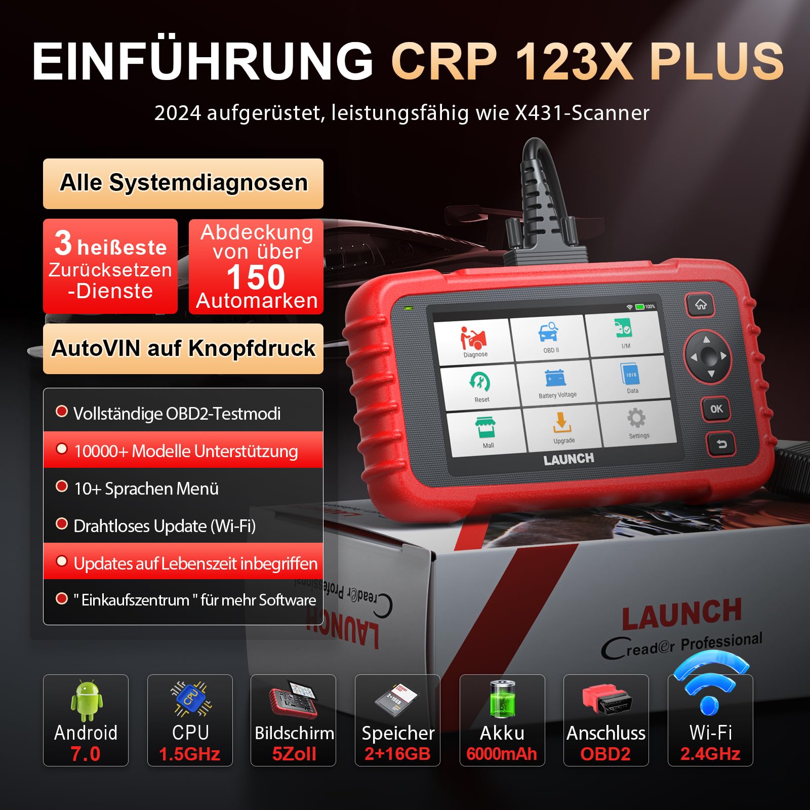 LAUNCH CRP123X Plus OBD2 Diagnosegerät Alle System Diagnose Tool, Öl/SAS/Drosselklappe Zurücksetzen OBD2 Auto Scanner, AutoVIN, Batterie Vol. Monitor,10+ Sprachen, lebenslanges kostenloses Update