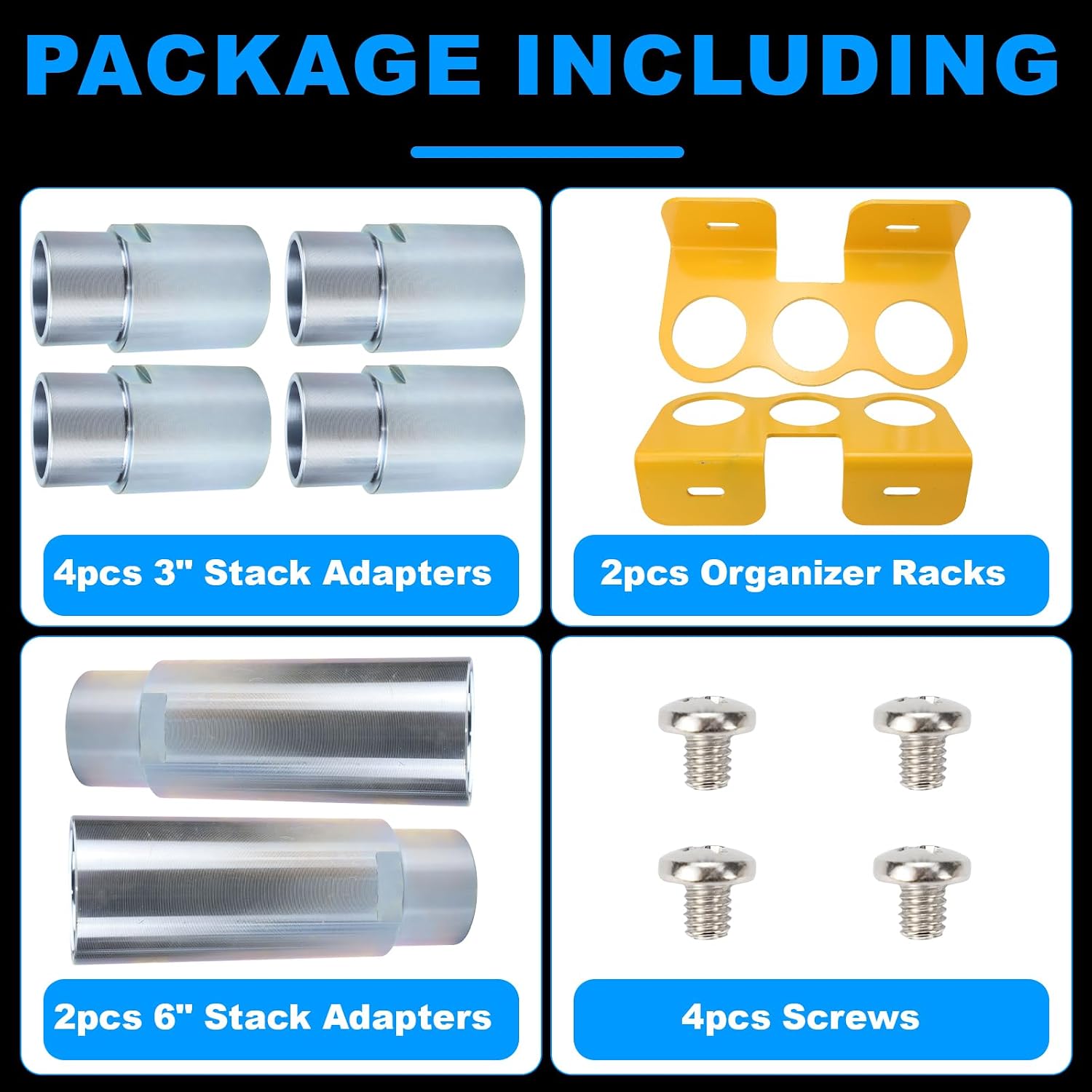 10315 Stack Truck Adapter Kit Fit for Challenger Lifts CL9 CL10 E10 VS10 S10 X10 SA10x For 10K/12K 2-Post Inground Car and Truck Lifts, 4PC 3" & 2PC 6" stack adapters with Organizer 2-3/8" Pin Dia