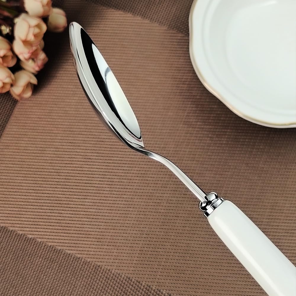 Cucchiaio da tavola fine da 20 cm con bordo rotondo di qualità, in acciaio inox 18-10, manico in ceramica bianca, cucchiai da minestra, posate per lucidatura a specchio, cucchiaio principale