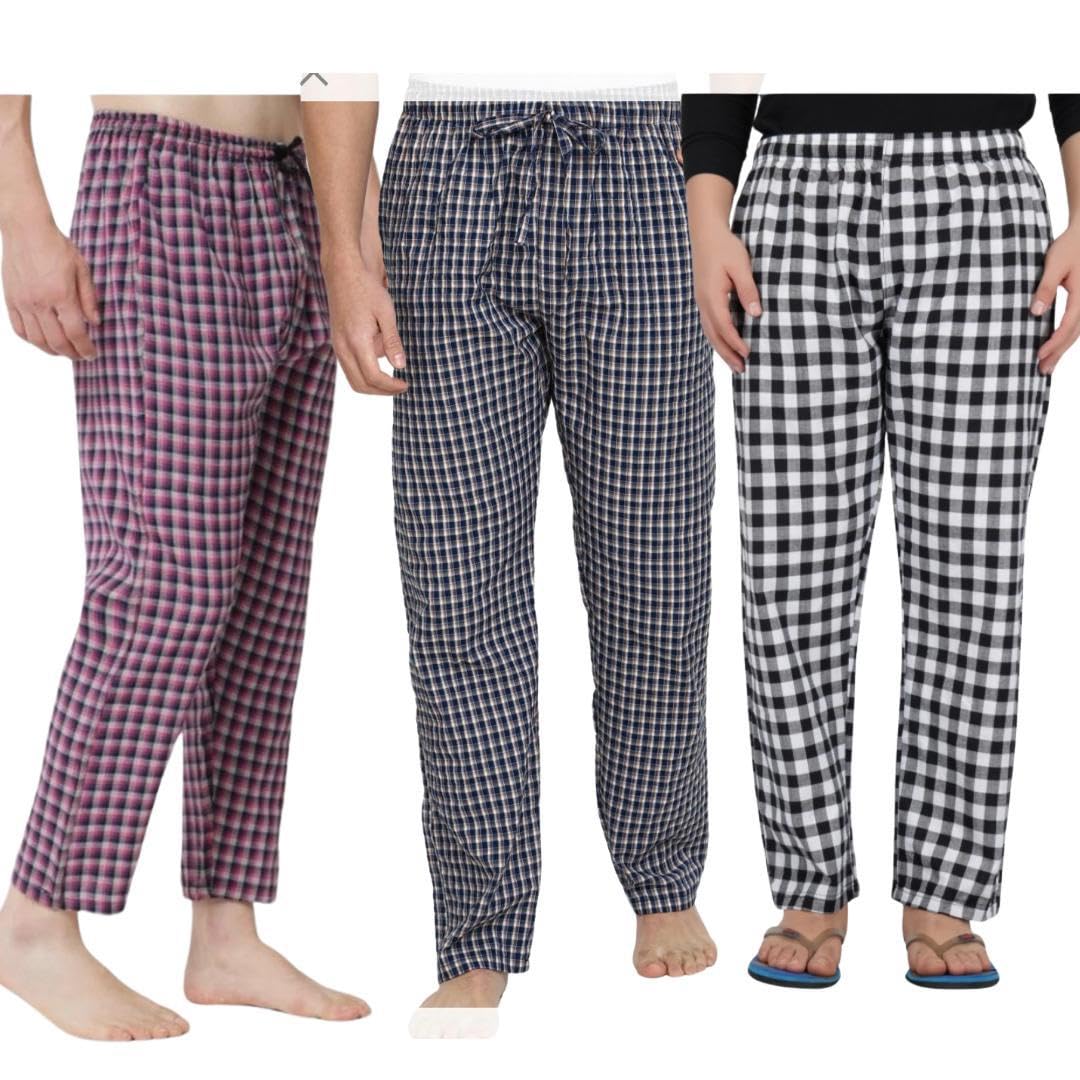 babeast Plaid Cotton Pyjama Pants for Men, Pack of 3, Checkered Pattern, Pink Navy White, Drawstring Waist-picture-25