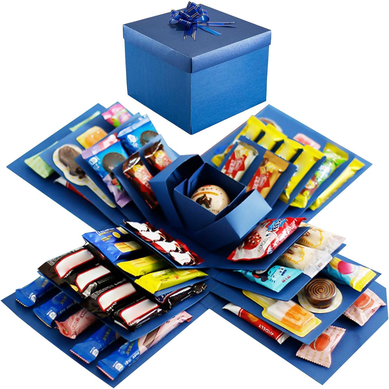 Hemoravoma DIY Explosion Gift Box, 5-Layer Snack Explosion Box Kit, Creative Surprise Gift with Adhesive Tapes & Ribbon for Birthday, Anniversary, Valentine's Day (Blue)