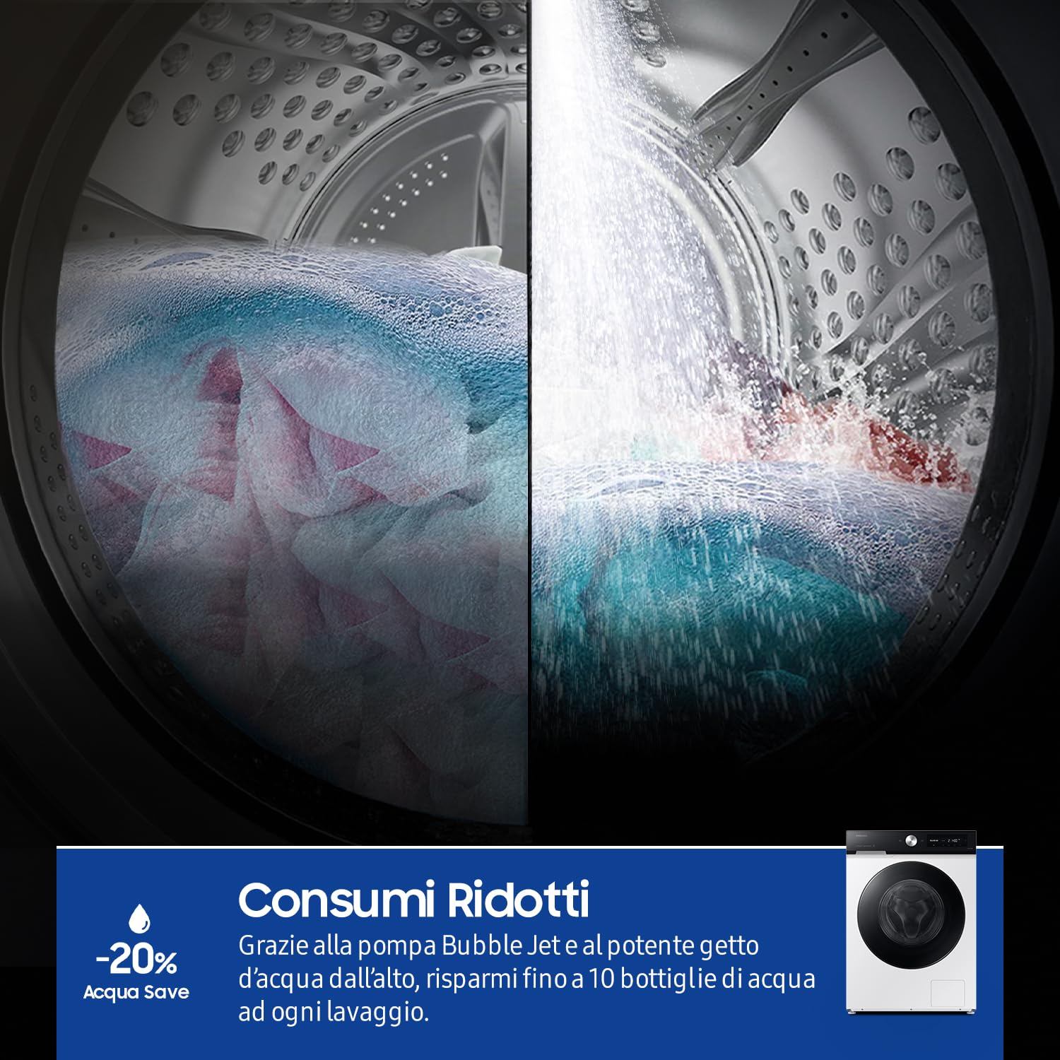 Samsung Lavatrice BESPOKE AI WW90DB7U94GE/U3 Libera installazione, 9 Kg, Wifi, Ecodosatore, Super Speed, AI Wash, Corpo: Bianco, Oblò: Nero, 60l x 85h x 60p cm