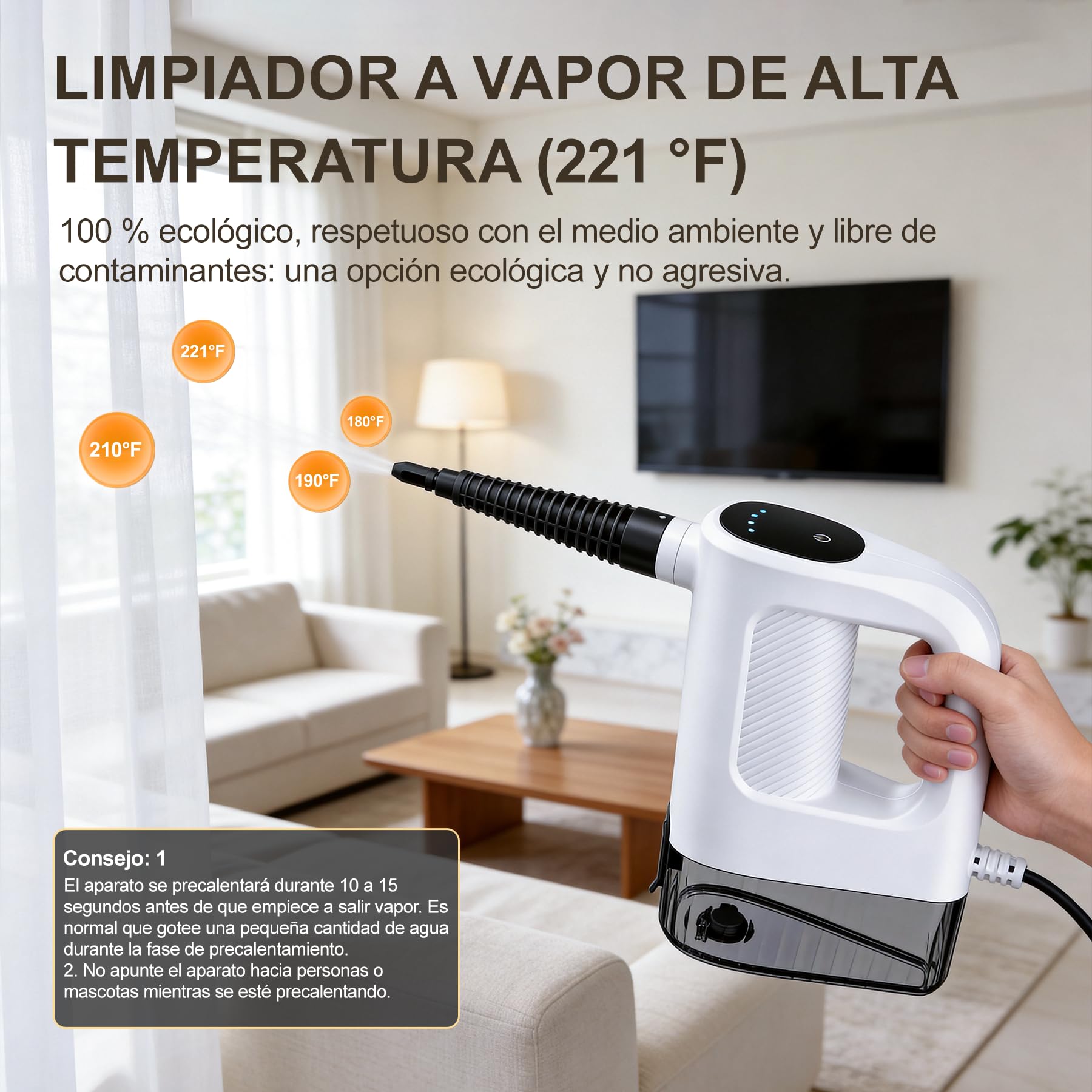 Limpiador a vapor portátil de 1200 W, Vaporeta de Mano con 10 Accesorios, sin Químicos, Calentamiento en 15s, Depósito de 400ml, Apto para Sofás, Cocinas, Alfombras y Juntas de Azulejos