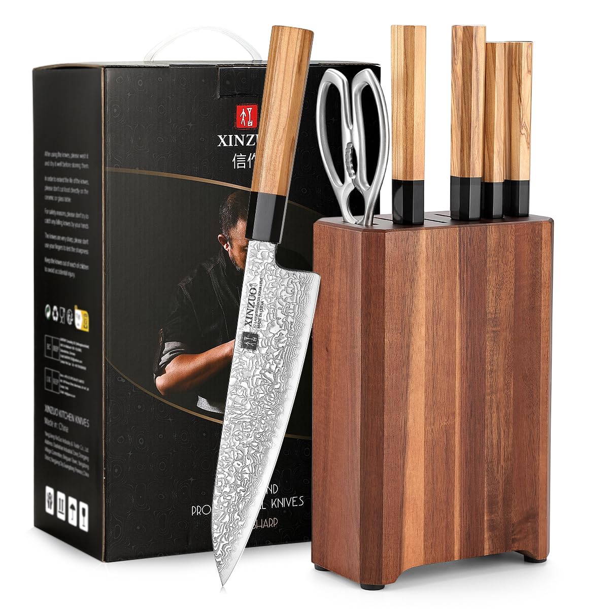 XINZUO 67 Schichten Damaststahl 7-Teilig Messerblock Sets, Profi Küche Kochmesser Set-Handgefertigter achteckiger Griff aus Olivenholz -mit Akazienholz Messerblock und Multifunktions Küchenschere