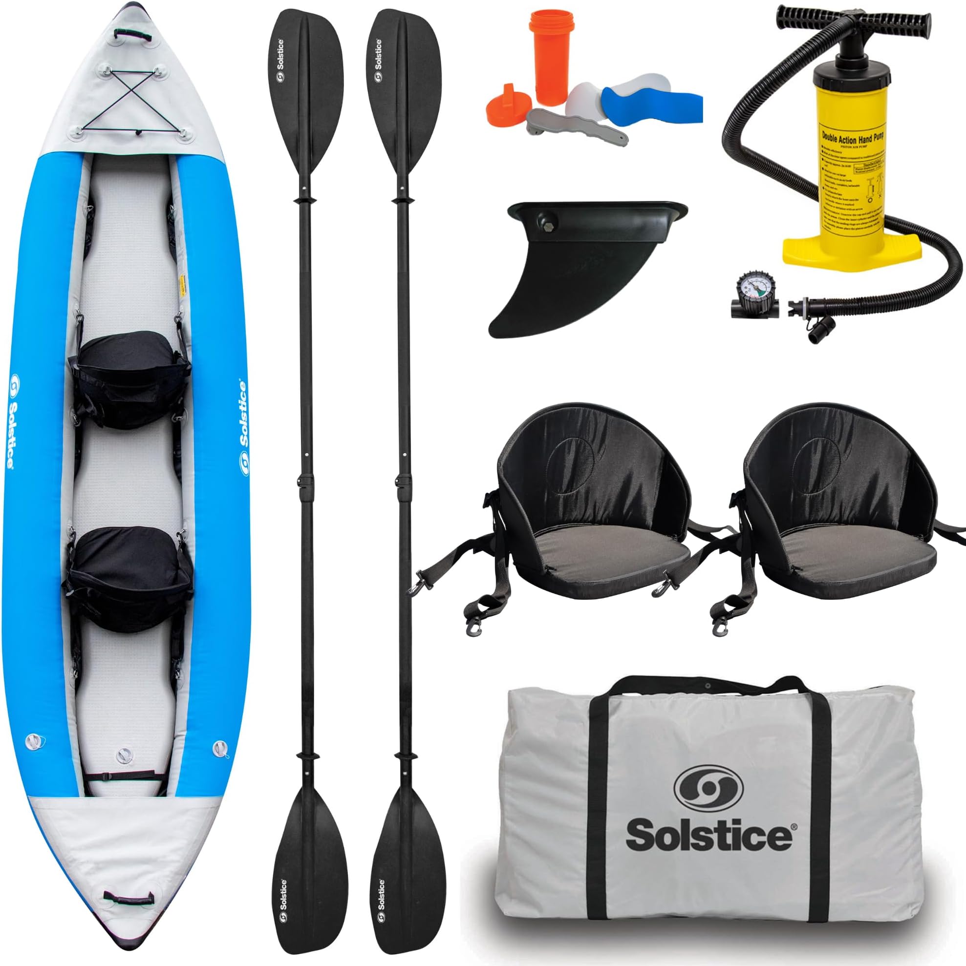Solstice Inflatable Kayak For All Skill Levels (Heavy Duty Construction) | For Recreation & Performance | With Adjustable Padded Seats and Kayak Accessories