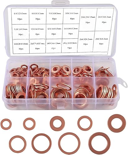 Kit de clasificación de juntas de cobre triturado plano de automóvil, 200 piezas, M5 M6 M8 M10 M12 M14 9 especificaciones arandelas métricas de