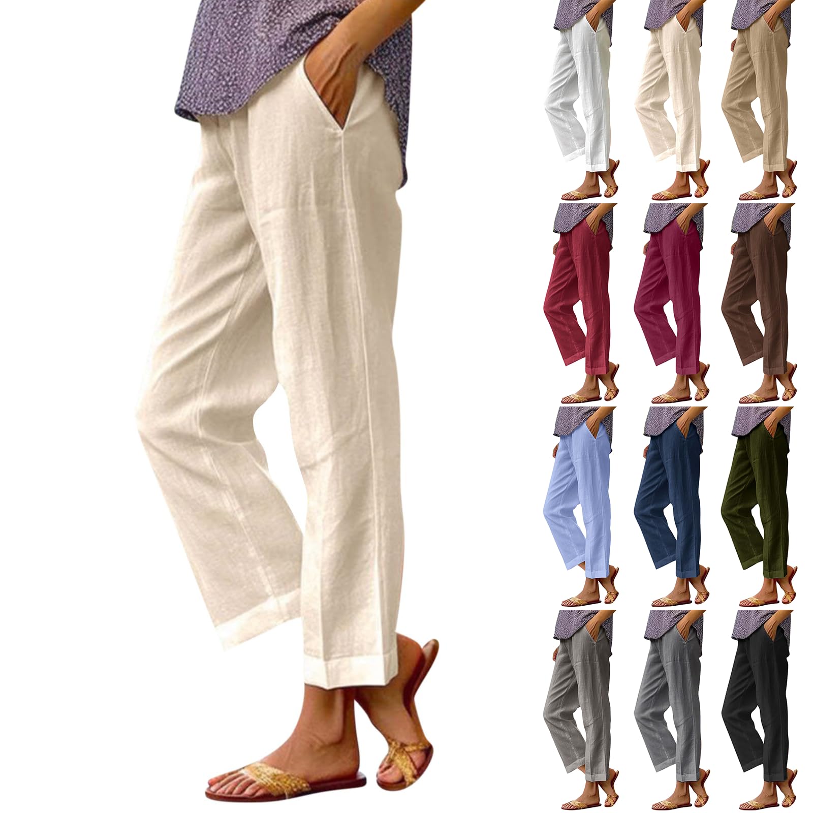 Plus Size Pants for Women Linen High Elastic Waist Drawstring Ankle Pants Business Casual Pull On Pants with