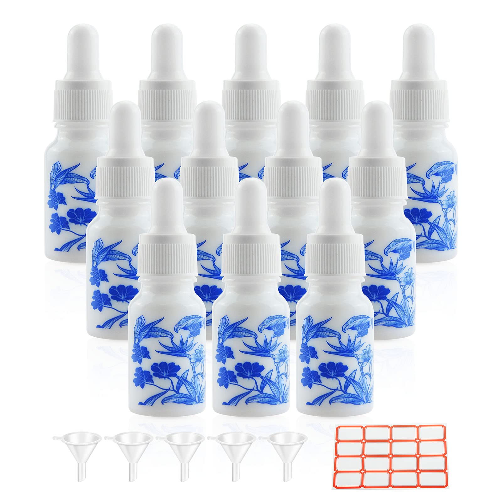 Wwolife 12 PCS 1/3oz (10ml) Blue and White Porcelain Ceramic Dropper Bottles Perfume Aromatherapy Cosmetic Container Essential Oils Sample Mini Empty Dropper Bottles with Funnel Include