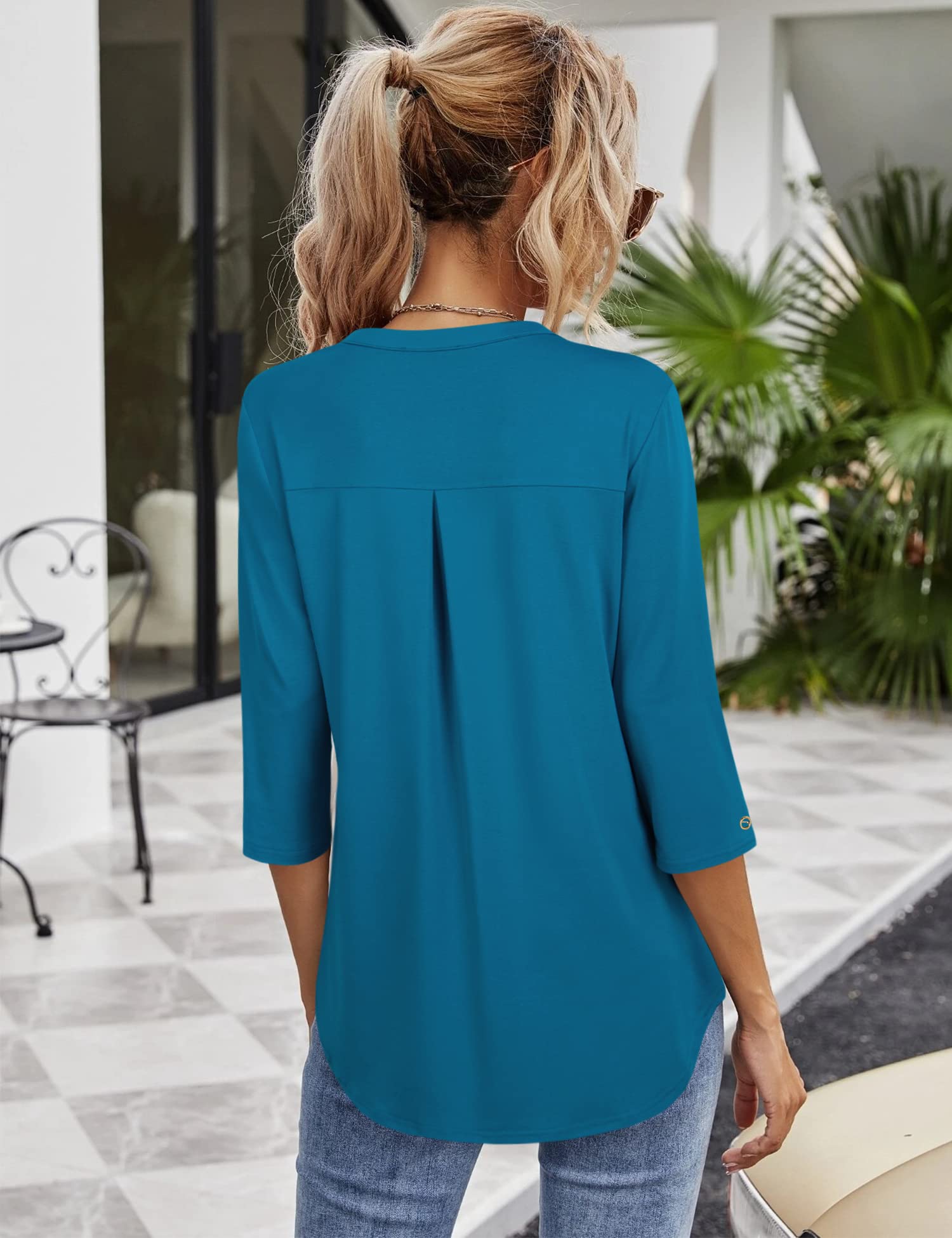 Gaharu Chemisier à manches 3/4 pour femme, élégant, col en V, haut ample et fluide