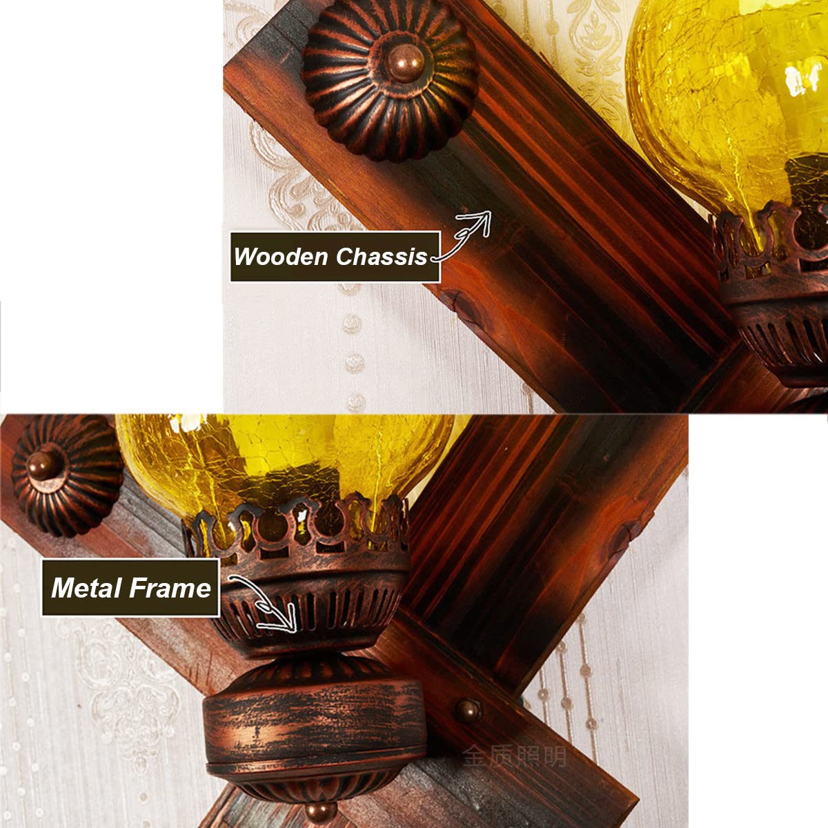 WXKAGF Lampada da Parete Rustica in Vetro ambrato Lampada da Parete in Legno Vintage Lampada da Parete per Interni Lampada a Cherosene Ruggine Rossa E27 Edison Lampada da Parete Ristorante per la