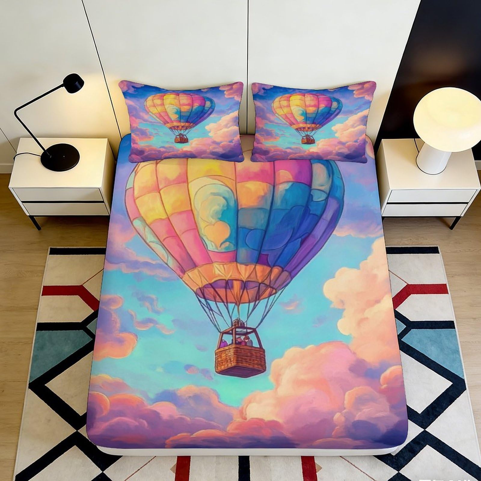 3D Printed Hot Air Balloon Fitted Sheet Microfiber Soft Colorful Sunset Clouds Bed Cover for Bedroom Dorm Décor 90x200x25cm
