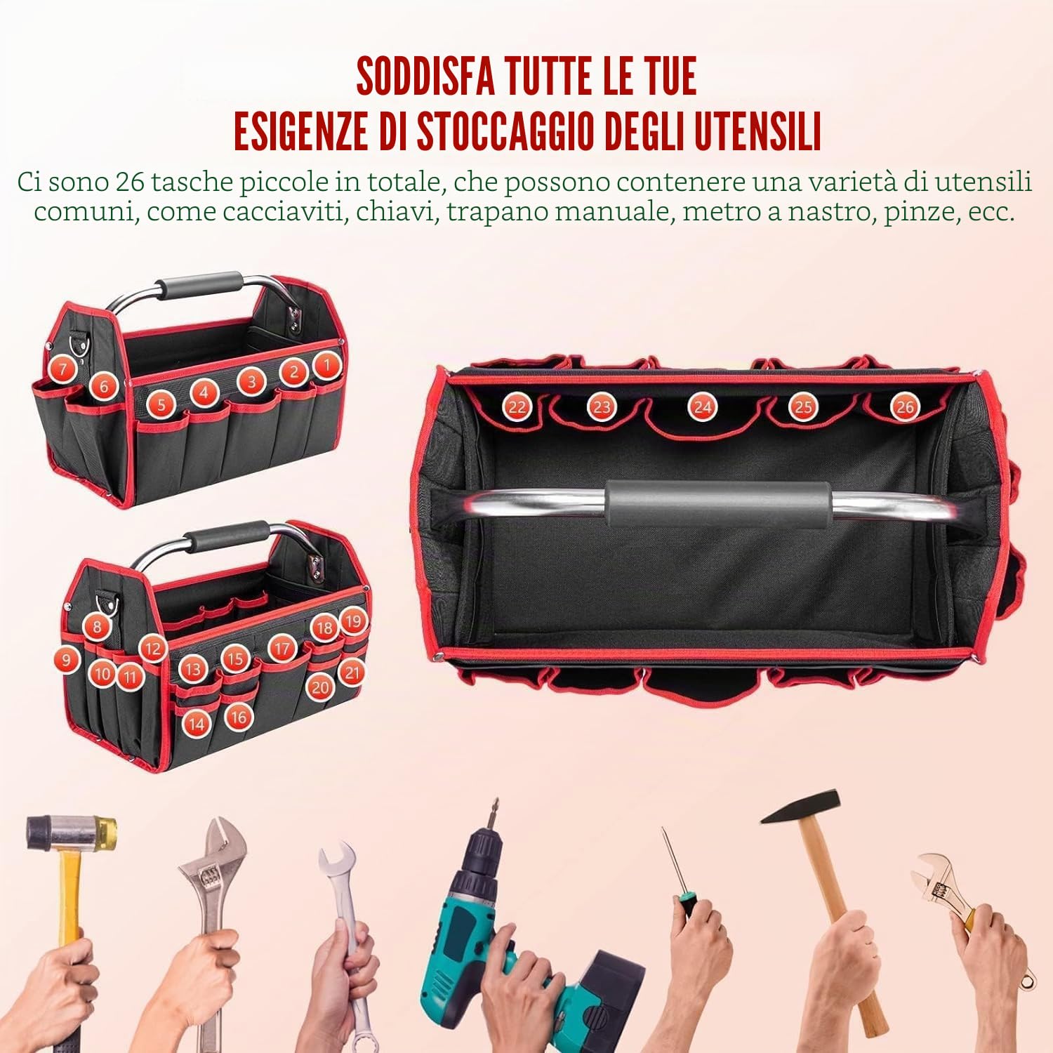 Borsa Porta Attrezzi Professionale, Borsa Attrezzi Lavoro Grande, Borse Attrezzi Impermeabili con Tracolla Regolabile e Maniglia per Trasporto, per Uso Domestico, Tecnici, Elettricisti