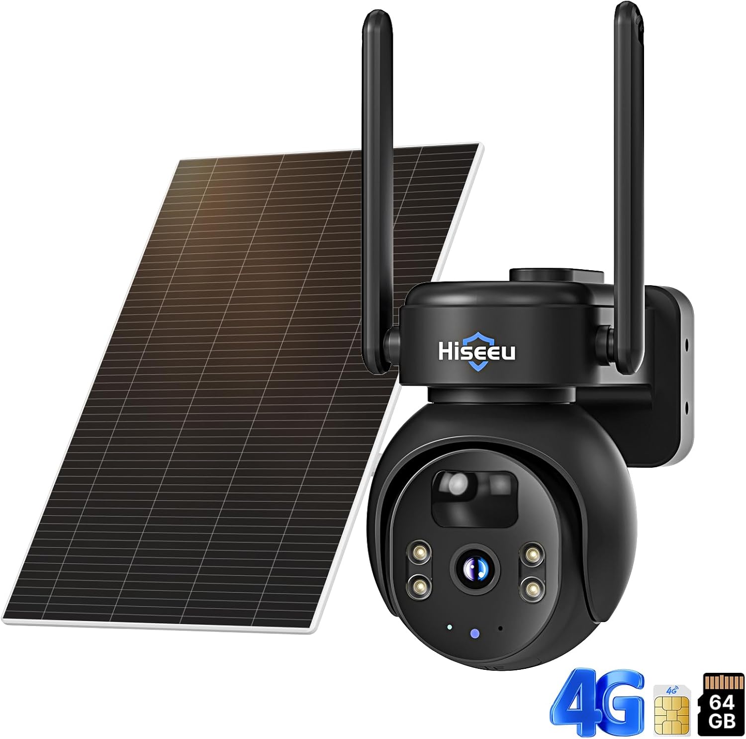 Close-up of Hiseeu 4G LTE Solar Powered PTZ Security Camera showing lens, spotlights, and antennas