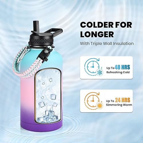 Miniatura 2 de RAYMYLO Botella de acero inoxidableAislamiento al vacío de triple pared (fría por hasta 48 horas)A prueba de fugasSin BPADe 64 ozCuerda de