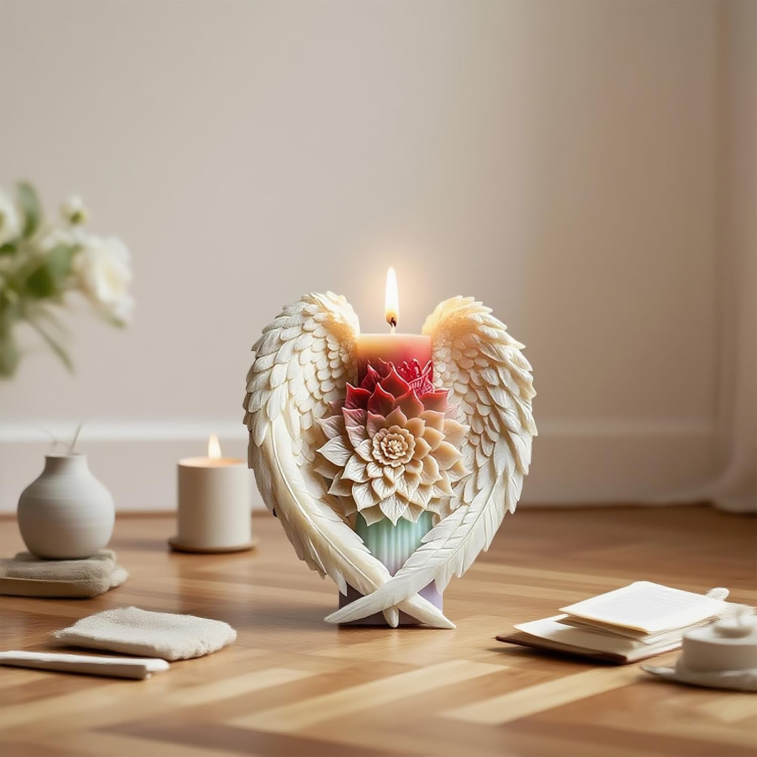 4 PCS Angel Wings Flower Candle Molds, Silicone Candle Moulds for Candle Making, Epoxy Resin Casting Mold for DIY Handmade & Aromatherapy Crafts, Perfect for Home Decoration