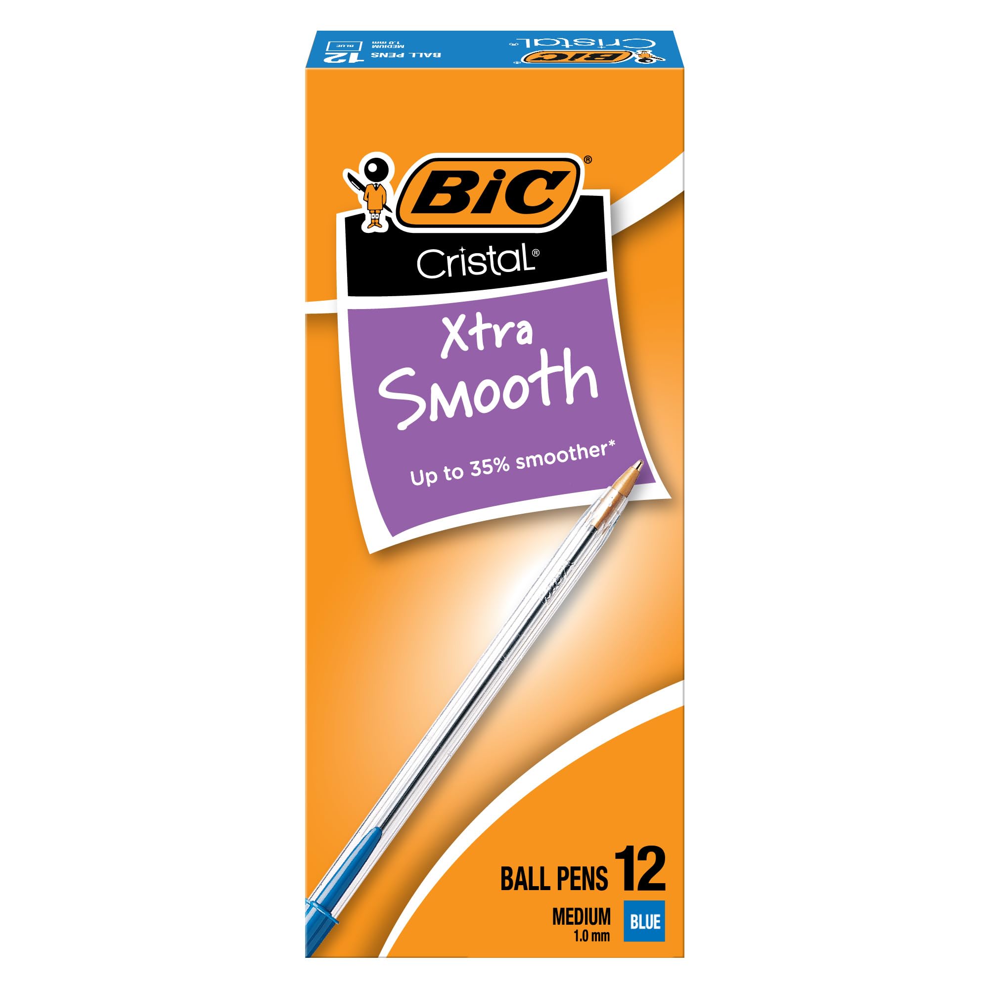 Cristal Xtra Smooth Blue Ballpoint Pens, Medium Point (1.0mm), 12-Count Pack, Extra Smooth and Reliable Ballpoint Pens