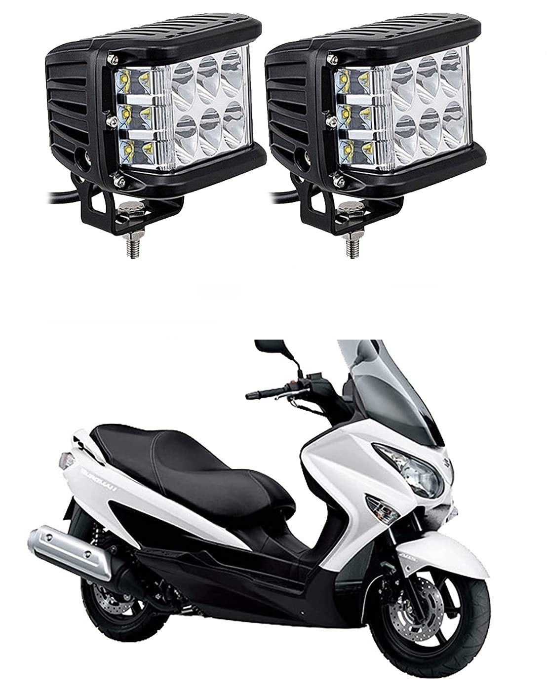 Olmeo 12 LED Fog Light with Red & Blue Strobe Waterproof Flood Beam Off Road Driving Lamp (36W, White, 2 Pcs)- for Suzuki Burgman 125 Bike