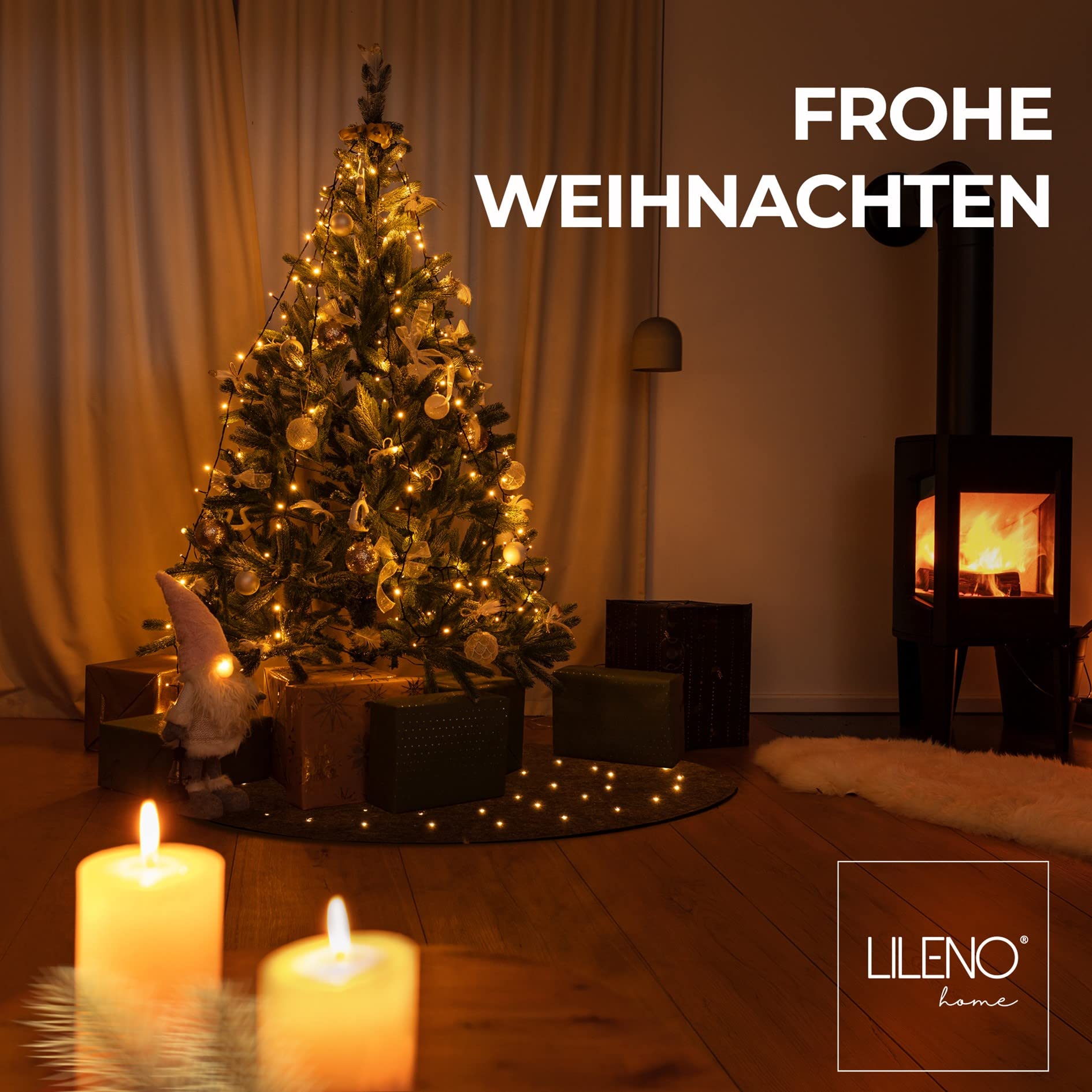 LILENO HOME Weihnachtsbaumdecke LED grau 20 Sterne mit 8 Leuchtfunktionen | Christbaumdecke als Bodenschutz Weihnachtsbaum aus Filz - Tannenbaumdecke rund (100cm) Baumdecke für Tannenbaum