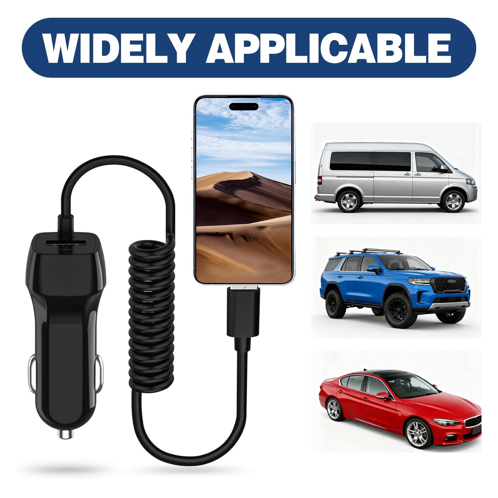 1M Carica Batteria per Auto Cellulare, Cavo di Ricarica Auto Universale USB Tipo-C, Caricatore da Auto a 2 Porte, Compatibile per 16, 16e, 15, 15 Pro e Pro Max, Cavo Dati 3.1A, Nero