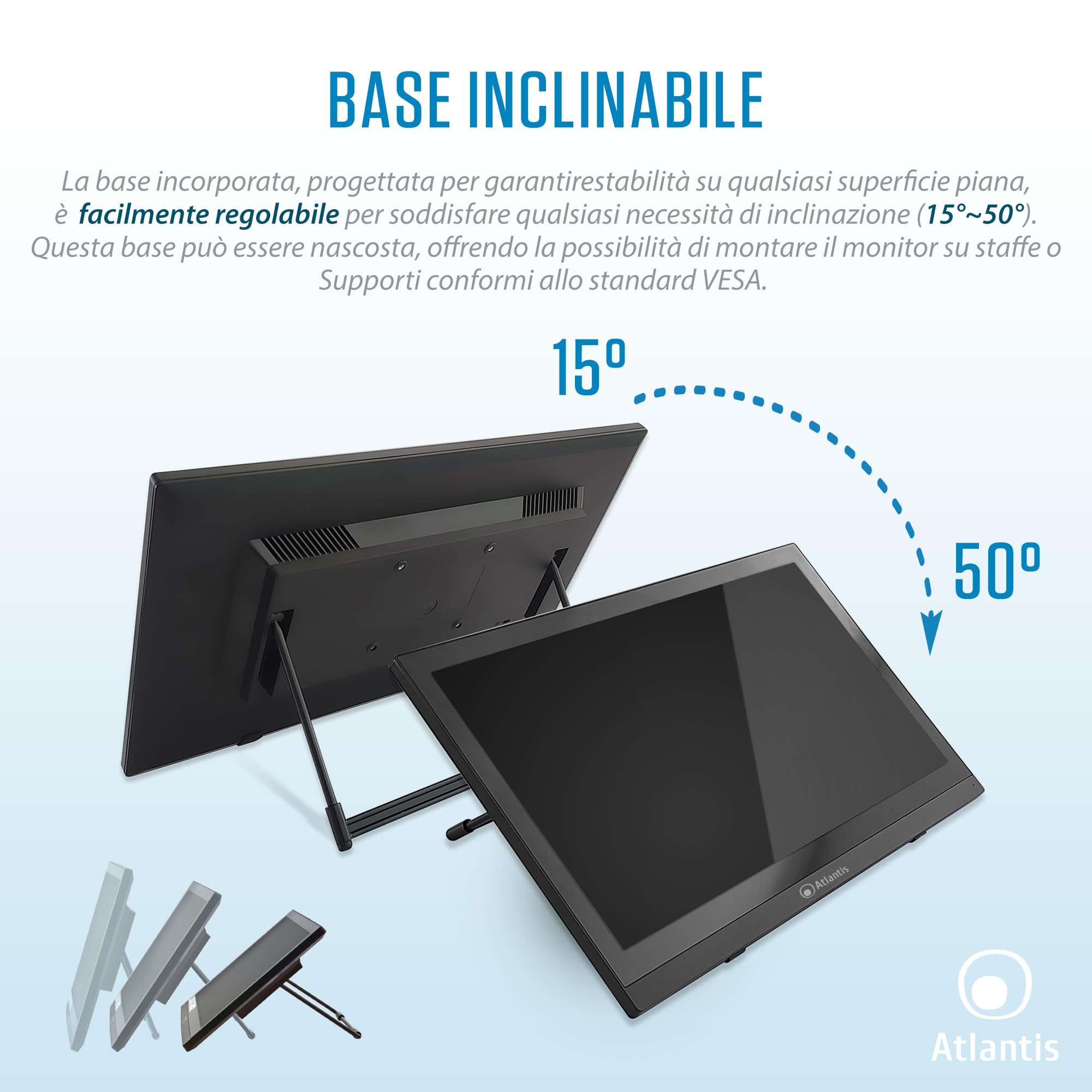 Atlantis Monitor Touch 16 pollici Full HD a 10 tocchi, inclinabile | FHD 1920x1080, HDMI/VGA, inclinazione 15°-50°, vetro protettivo 7H, contrasto 800:1, VESA 75, cod. A05-T16A-VHM