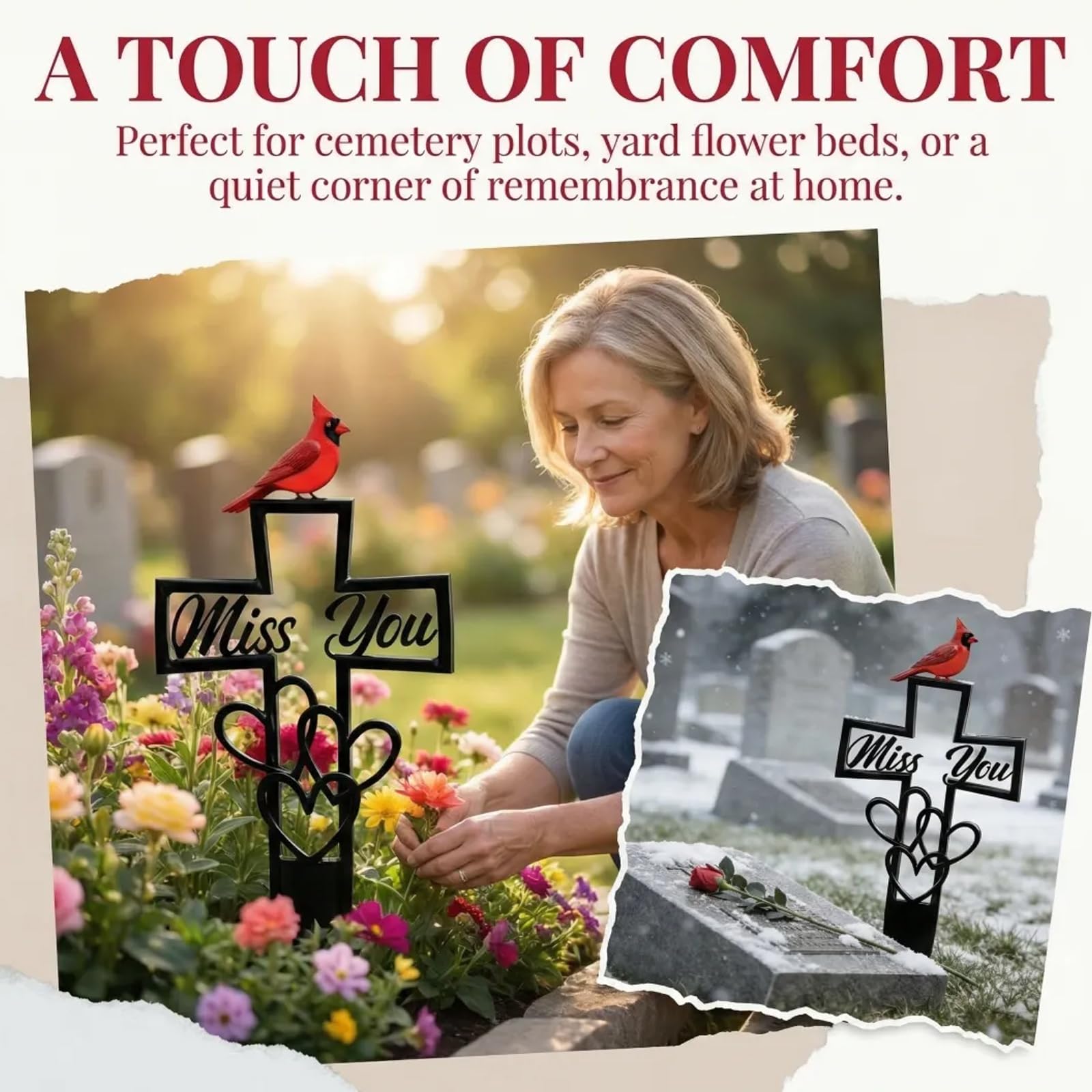 Metal Cemetery Memorial Plaque for Remembrance, Cardinal Memorial Grave Stakes Cross with Miss You Script & Heart Accent, Outdoor Ground Markers for Cemetery, Garden (1 PC) — view 4