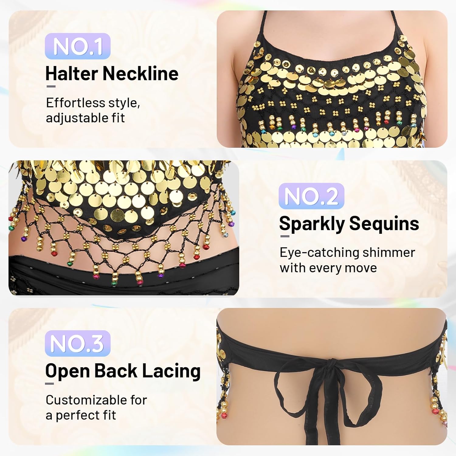 Belly Dance Top, Sequin Halter Costume with Built-in Padding for Performances - Image 3