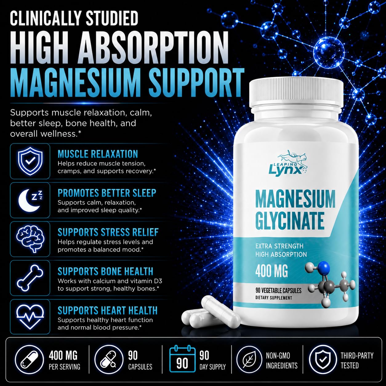 Magnesium Glycinate 400mg – Chelated Magnesium Bisglycinate Supplement for Sleep, Relaxation, Muscle, Nerve & Heart Health Support – High Absorption, Non-GMO, 90 Capsules, 90-Day Supply — Amazon image 3