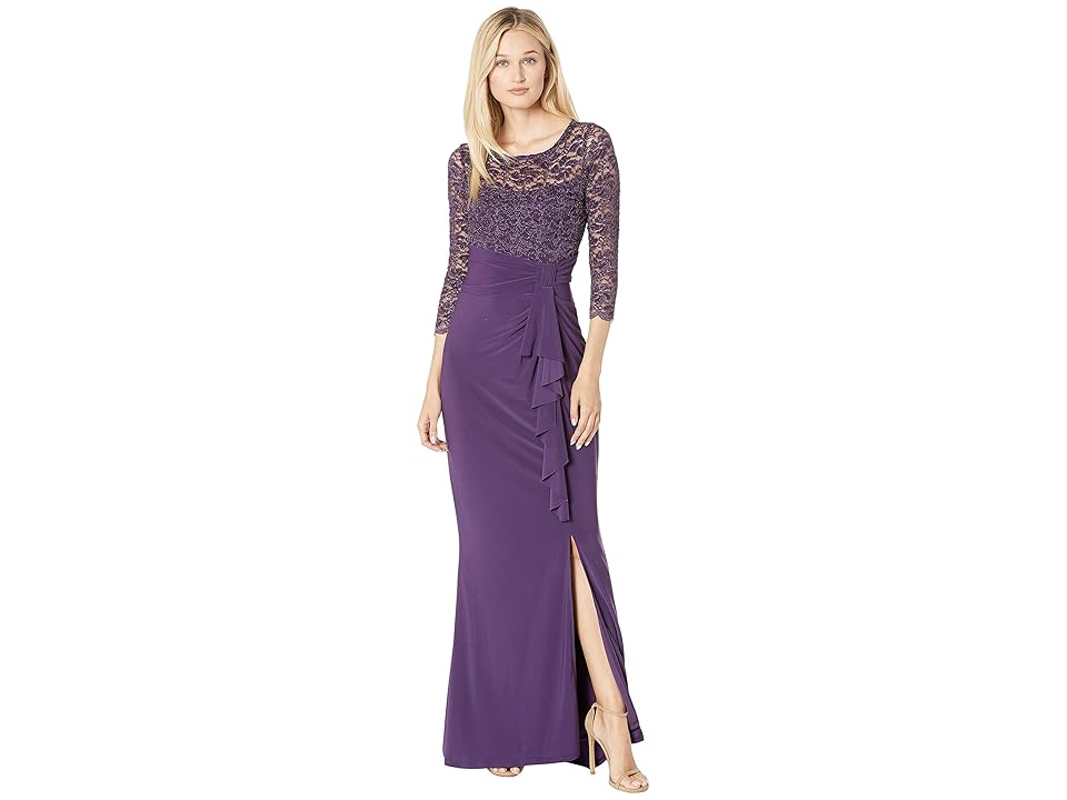 

MARINA Long Slim 3/4 Sleeve Dress with Cascade Ruffle (Eggplant) Women's Dress