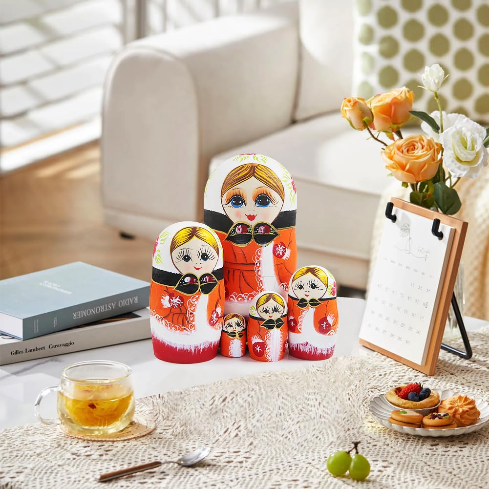 Ensemble de 5 poupées Russes Matriochka « Fille aux Fleurs Orange », représentant Une Fillette Traditionnelle Portant des Gants. Décoration à empiler, pour Un Anniversaire ou Une fête d'e