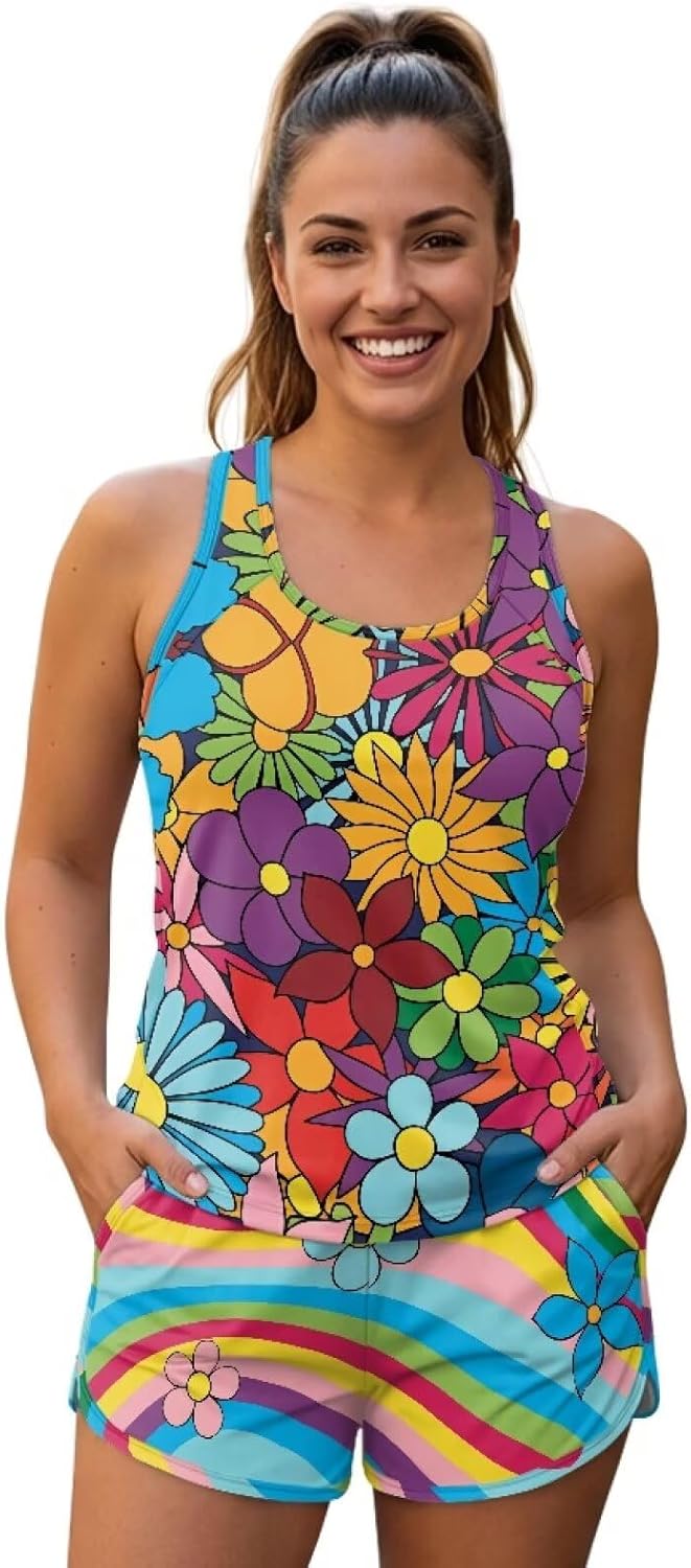 Women's 2Pcs Tankini Swimsuits Scoop Neck with Boy Shorts Comfortable Breathable Lounge Set for Home Size S-6XL