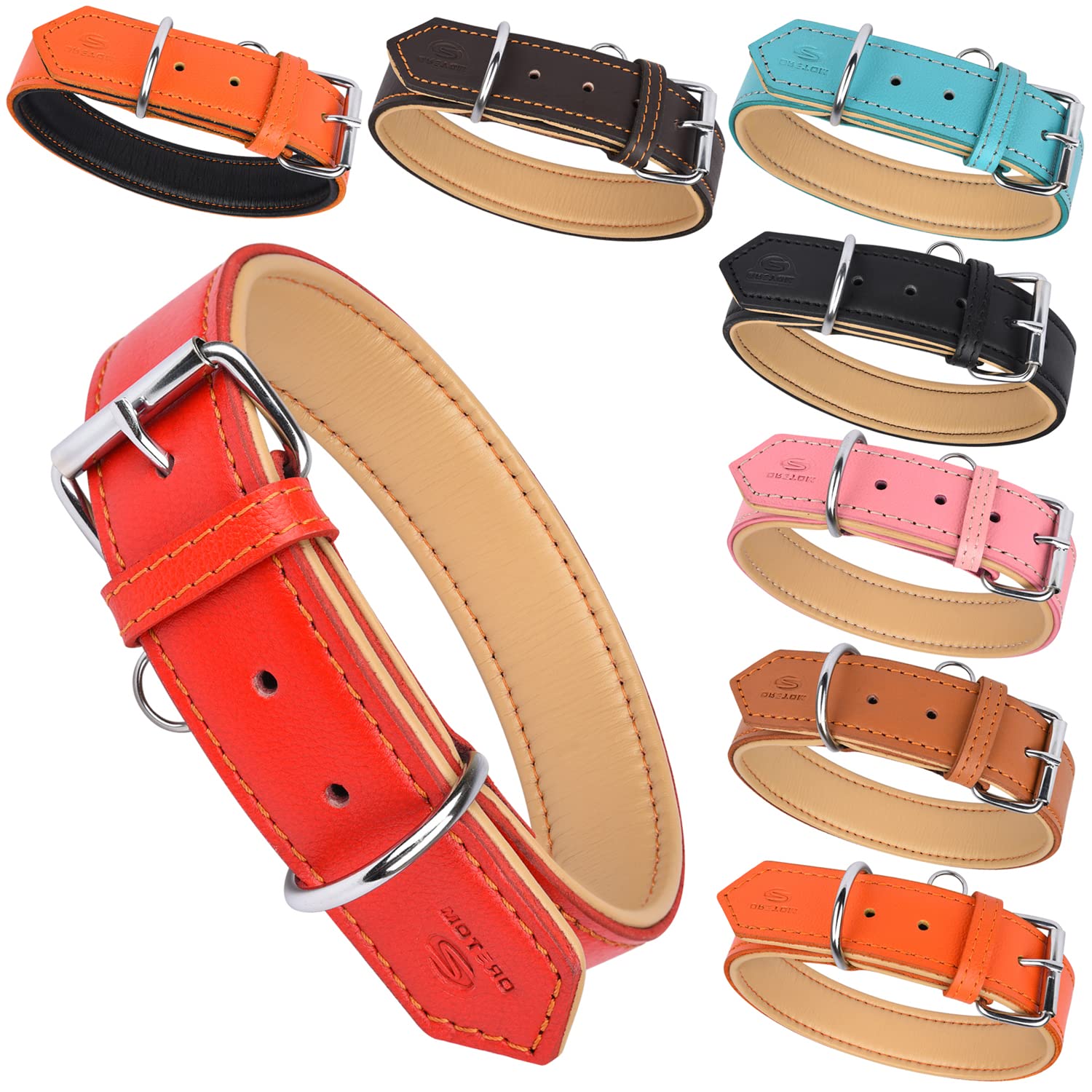 MOTERO Genuine Leather Dog Collar Adjustable Heavy Duty Dog Collar Belt Super Soft Small, Medium Large and Extra Large Breed Dog Collars (Pink - L)