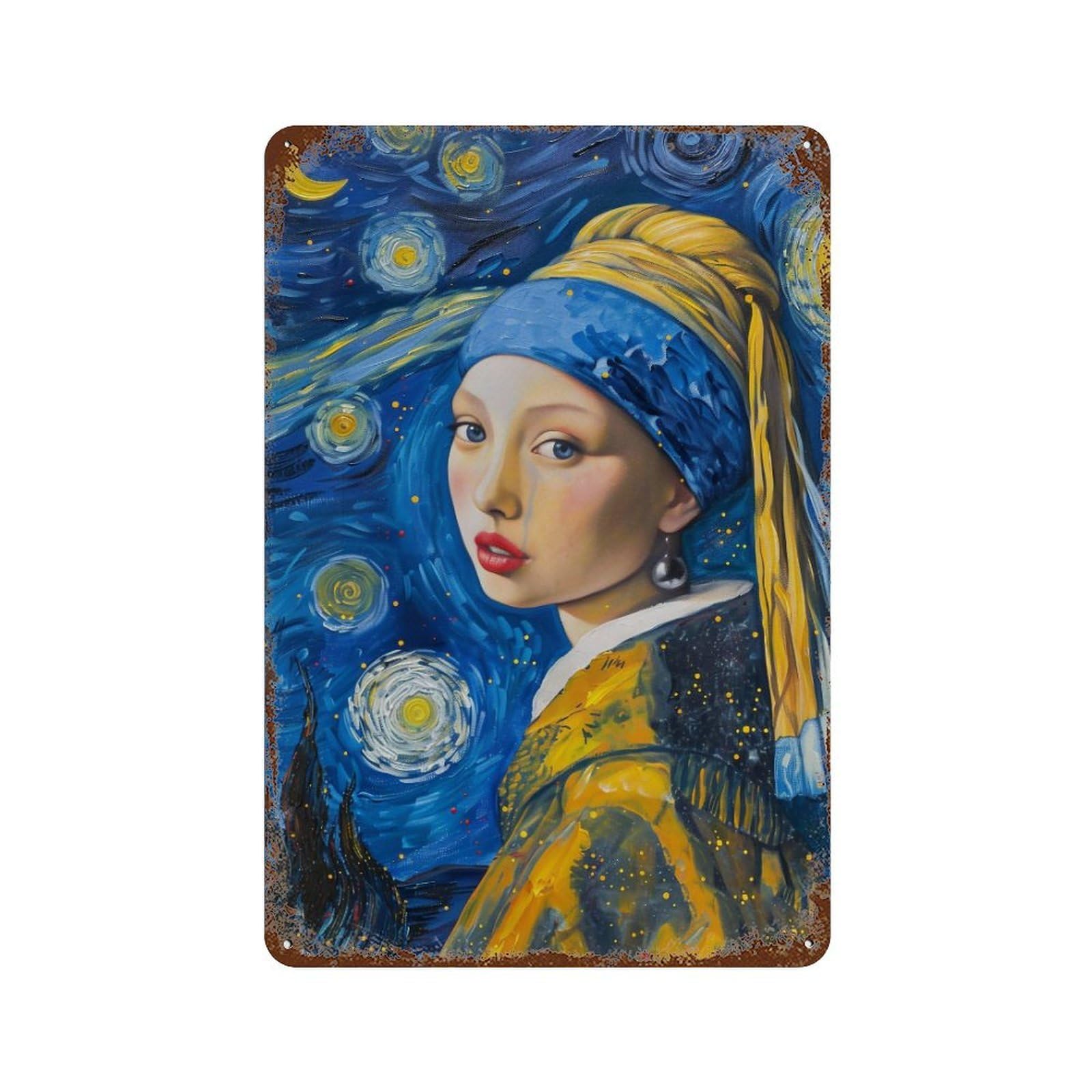 FHUYEURHRY Starry Night Girl with A Pearl Earring Fusion 04 Wall Decor Retro Iron Vintage Art Metal Tin Sign Poster Modern Home Cofffee Club Art Bar Shop Decorations Style-23 30x20cm