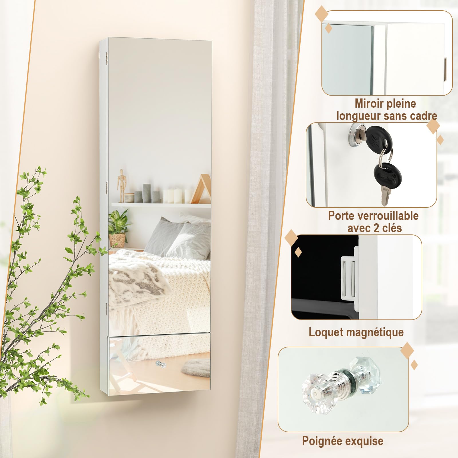 COSTWAY Armoire à Bijoux Murale 120 cm, Lumières LED, Miroir Sans Cadre Pleine Longueur, Miroir Intégré, Étagère de Maquillage Pliable, Tiroir de Rangement, Verrouillable, Blanc