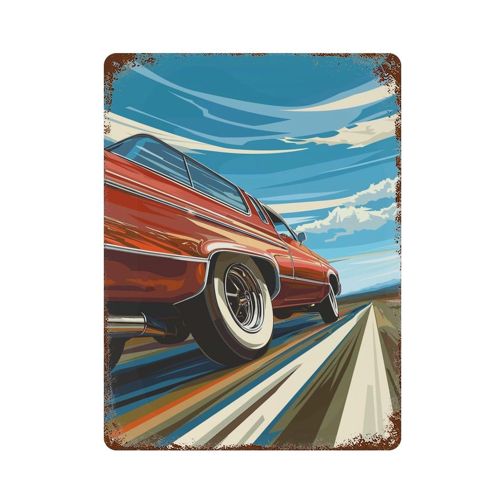 Classic Car on The Road Retro Metal Sign 15.7"x11.8", Classic Wall Plaque for Garage, Pub Or Kitchen