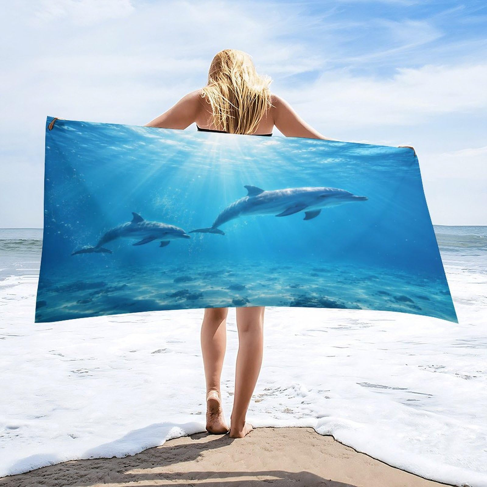 Anceky Dolphins Swimming Underwater Ocean Scene Beach Towel 32"×63",Soft Microfiber Bath Towel Shawl, Quick Dry Absorbent Pool Spa Gym Shower Towel
