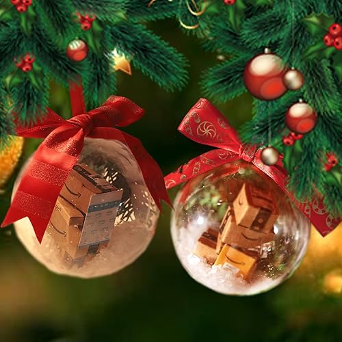 2 adornos para árbol de Navidad con mini cajas de entrega en el interior, divertidas bolas de Navidad transparentes, paquetes de decoraciones de