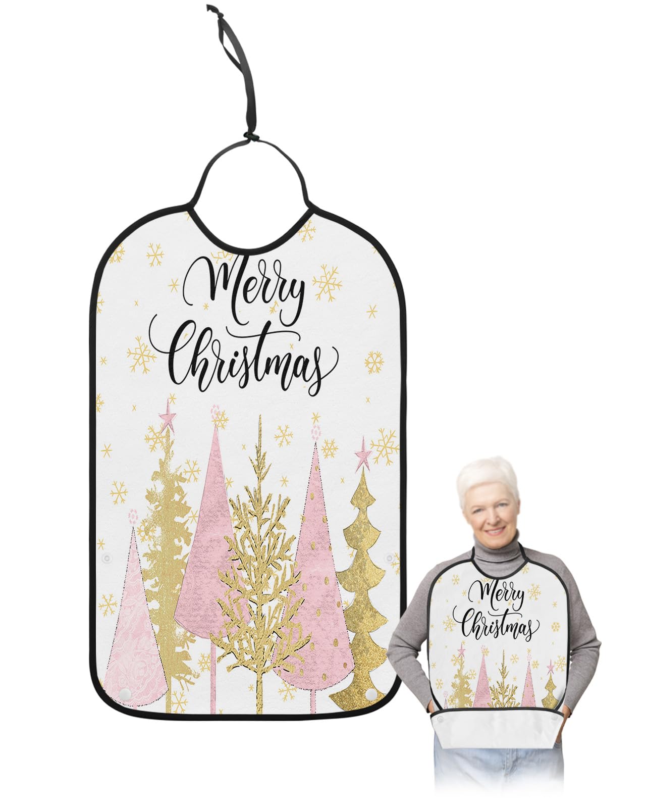 LEOKOTI Pink Yellow Christmas Tree Adult Bibs for Eating, Waterproof Bibs with Food Catcher & Adjustable Snap Closure, Xmas Winter Snowflake Washable Clothing Protectors Adult Bibs for Elderly