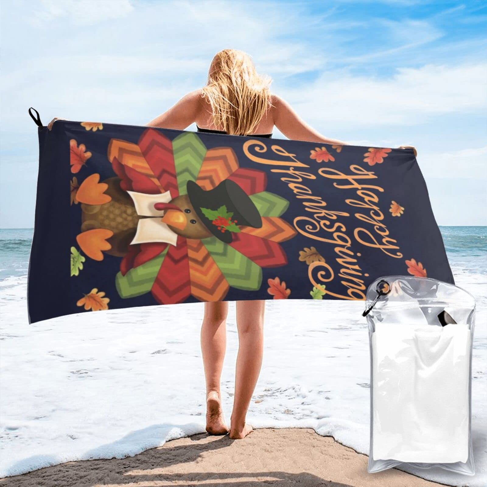 Lawenp Thanksgiving Turkeys Microfiber Beach Towel Adults Large Quick Drying Bath Towel Travel Towels with Pouch 31.5"x63"