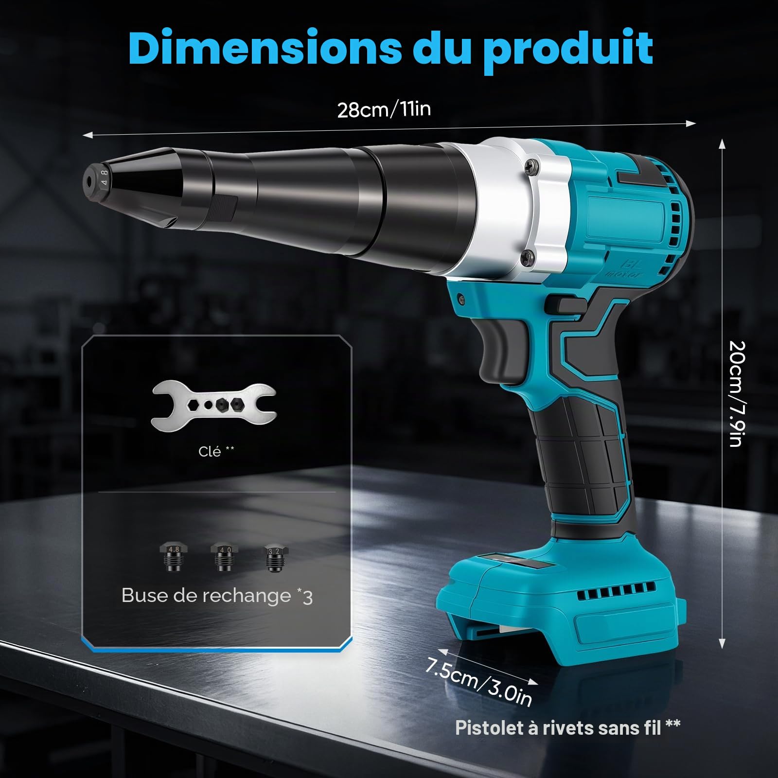 Pistolet à Rivets 18V Sans Fil, Moteur Brushless, Compatible avec les Batteries Makita 18V Série BL (Batterie Non Incluse), avec 3 Buses pour Rivets Alu & Inox 2,4-5,0mm