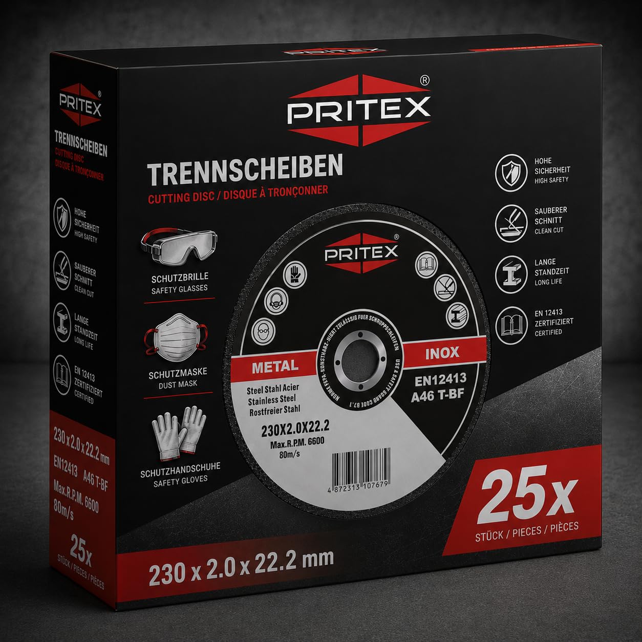 PRITEX – 50 Stück Profi Trennscheiben 230 x 2.0 mm Metall – gerade Flexscheiben zum Schneiden von Stahl, Edelstahl & Blech – Inox Schneidscheiben für alle gängigen Winkelschleifer geeignet