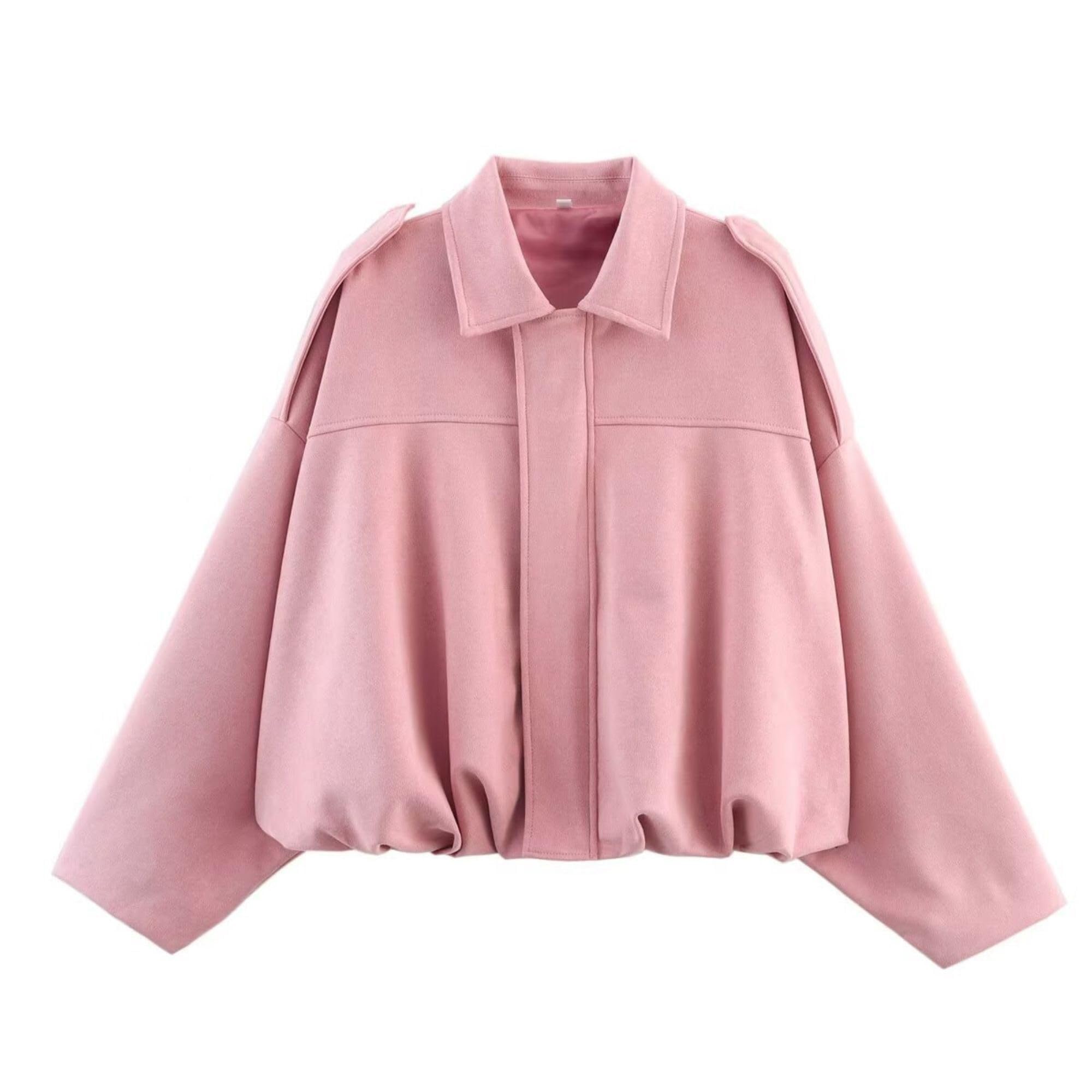 Chaqueta de Mujer otoño Invierno Abrigo de Solapa Casual de Gran tamaño de Manga Larga Abrigo de Estilo Urbano de Moda | Pink,S