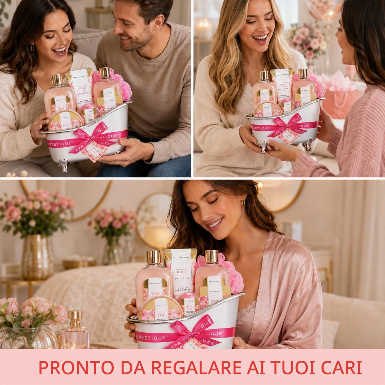 Spa Luxetique Set Bagno Doccia Regalo Donna 8 Pezzi alla Rosa in Confezione Regalo con Bagnoschiuma, Lozione, Sali da Bagno per Spa a Casa Idea Regalo Donna Ragazza per Festa Compleanno Anniversario
