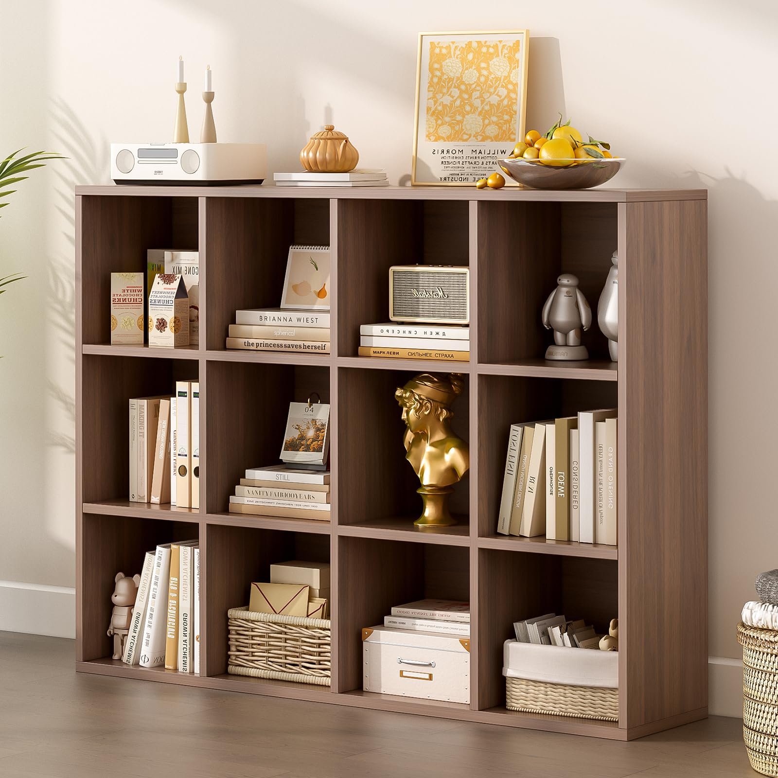 OSCHF 12-Cube Storage Shelf Bookcase, Walnut