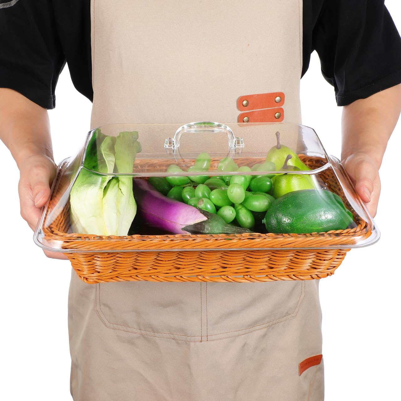Cesta de pan tejida de mimbre para servir, cesta de pan de ratán de imitación con tapa acrílica, cesta tejida de mesa para servir alimentos, cesta de frutas para cocina y restaurante