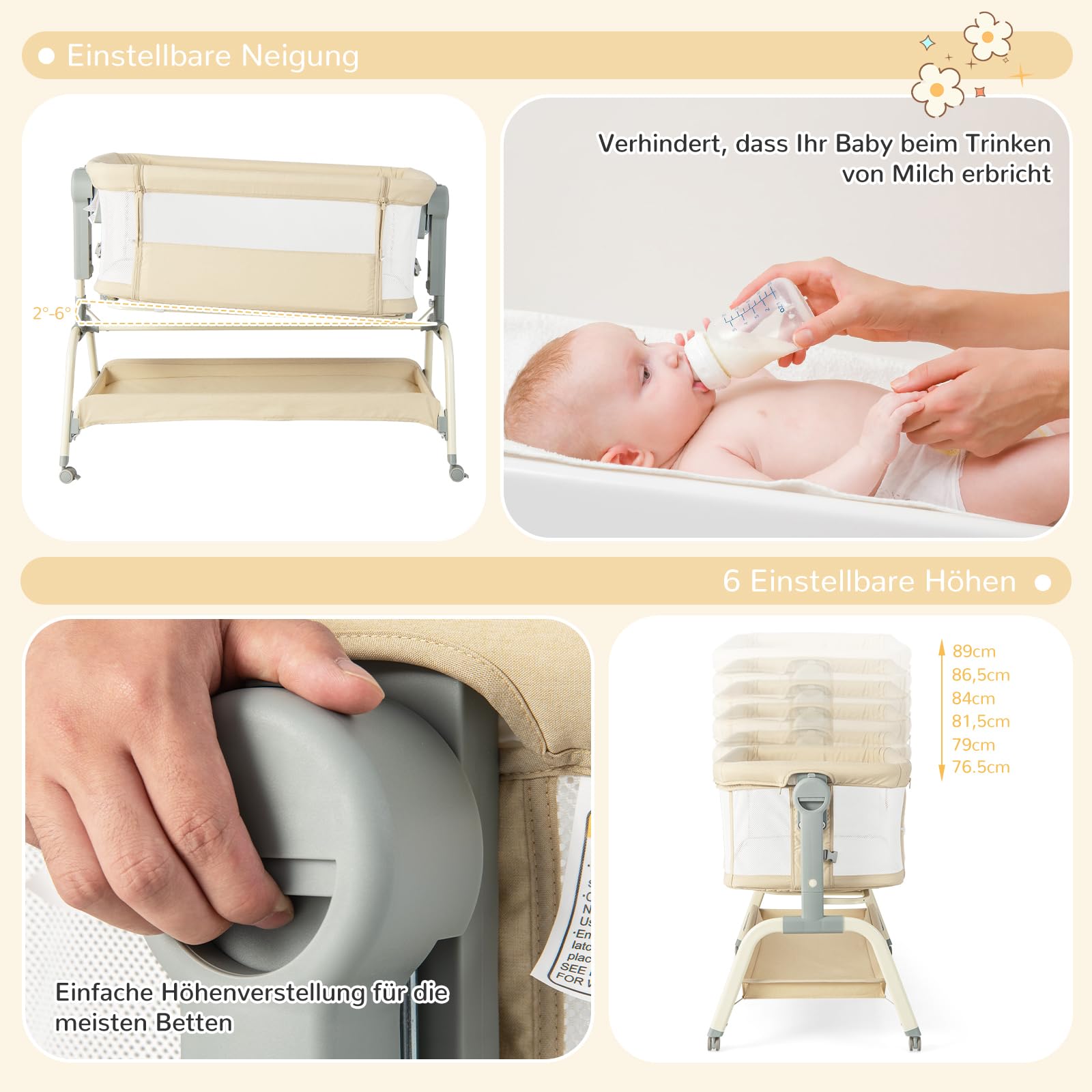 DREAMADE 3 in 1 Baby Beistellbett, 90 × 55cm Reisebett mit Matratze, Moskitonetz & 4 Rädern, 6-stufig-höhenverstellbar Stubenwagen mit Neigung, Babywiege für Säuglinge 0-6 Monate (Beige)