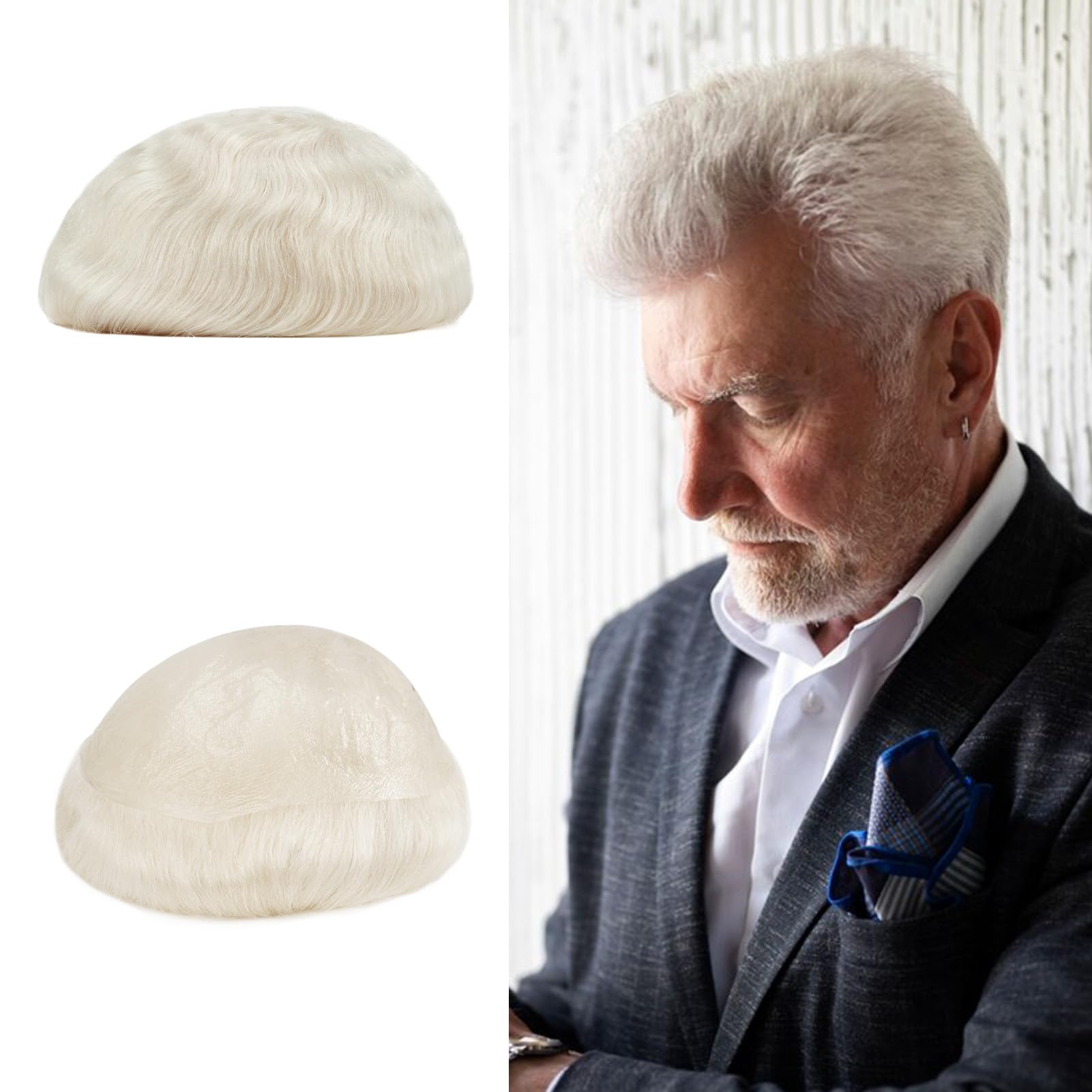 Lordhair Grey White Hair Toupee Hairpiece for Men 0.06mm Thin Skin V-looped Human Hair 8x10 Inch Light Medium Density Hair Replacement System