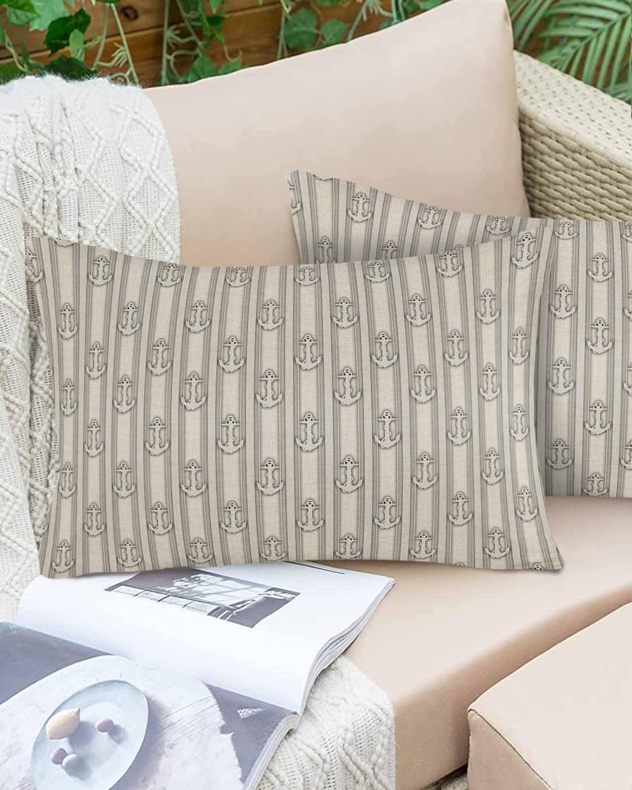 Boanket Lumbar Pillow Covers 12 x 20 in, Beige Anchor Nautical Waterproof Throw Pillow Cover Set of 2, Coastal Ocean Blue Striped Home Decorative Rectangle Cushion Covers for Patio/Tent/Couch/Garden