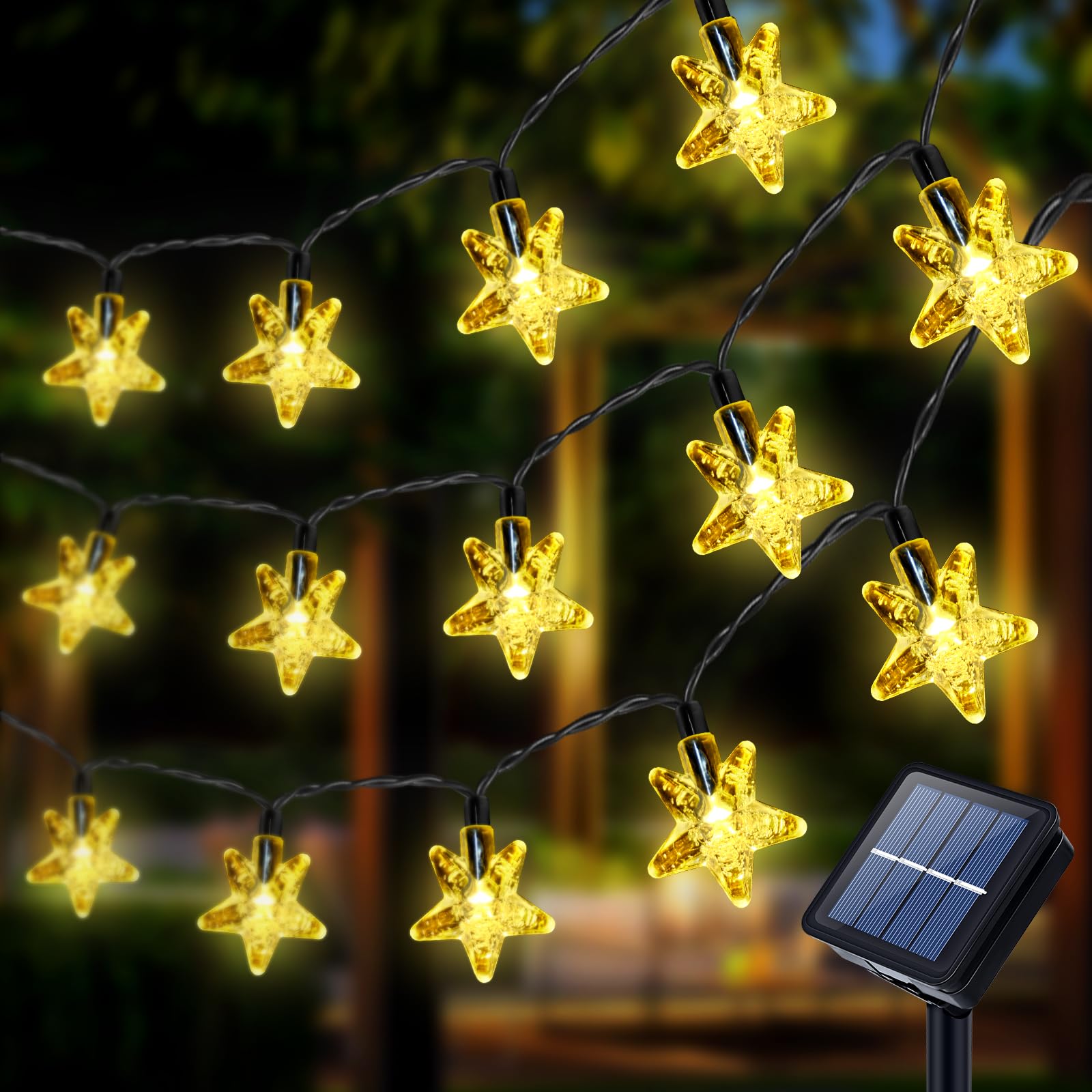 Qoosea Solar Cadena de Luces Estrella Exterior, 19.7ft 40 LED Solares Luces de Hadas Impermeable 8 Modos, Estrellas Guirnalda Luces para Navidad, Boda, Fiesta, Jardín, Patio Decorativas, Blanco Cálido