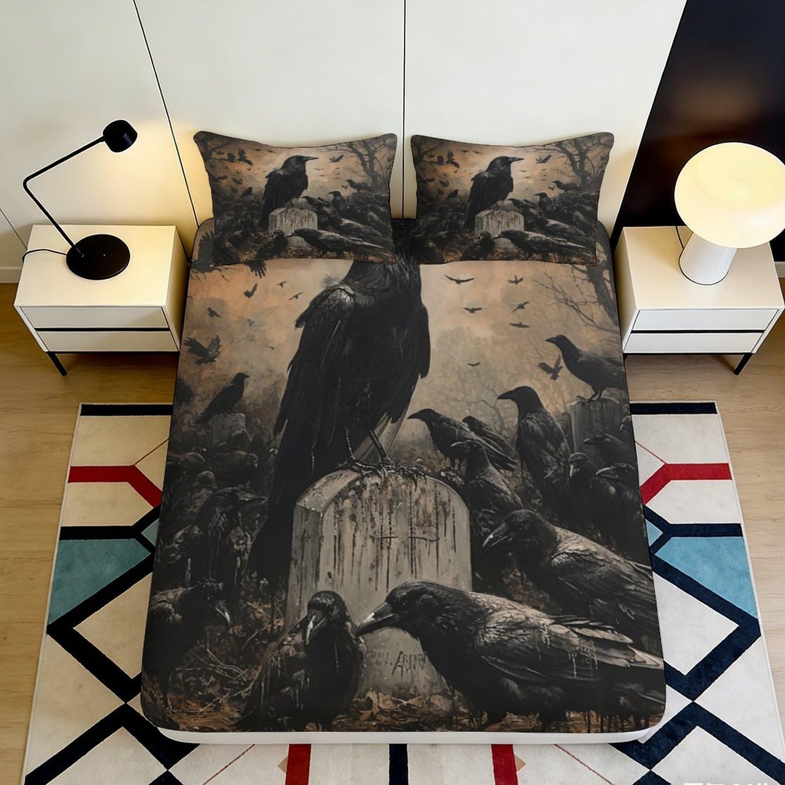 3D Printed Crow Pattern Fitted Sheet Microfiber Soft Durable Raven Design Bed Cover for Bedroom Dormitory Guest Room Mattress Protection 200x200x25cm
